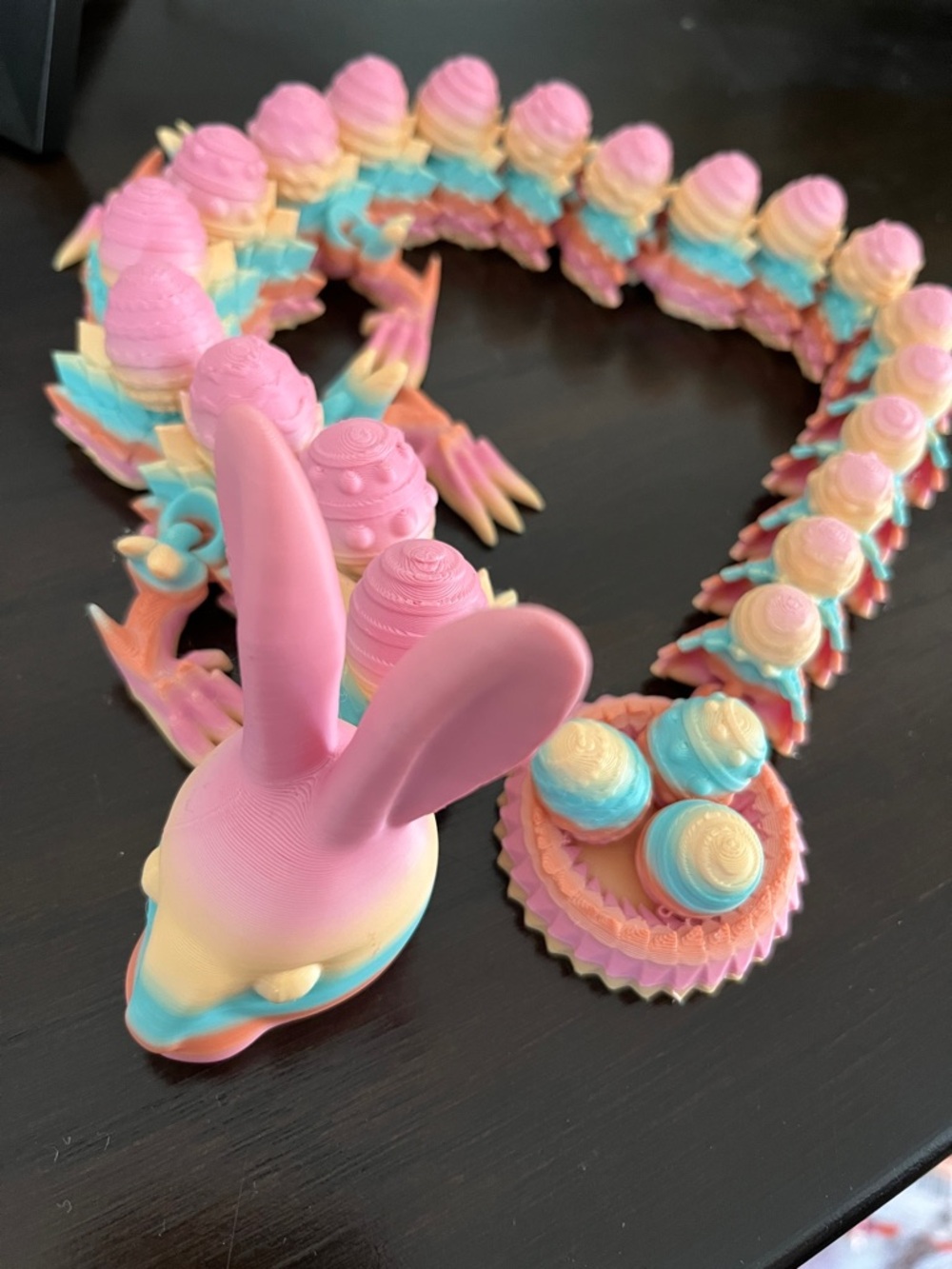 3d printed dragon snake bunny with Easter eggs multi color pastel